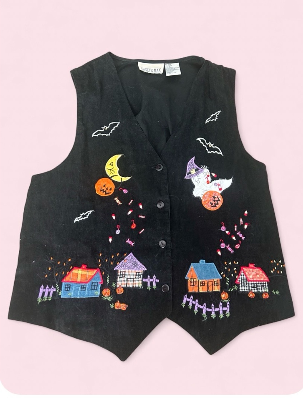 Plus Size Vintage Halloween Embroidered Vest - Ghosts, Pumpkins, Bats - Size XL